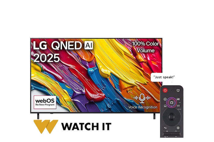 Front view of LG QNED82 TV, LG QNED Al Logo on the top corner. LG QNED TV depicts colorful paintike textures coming together.