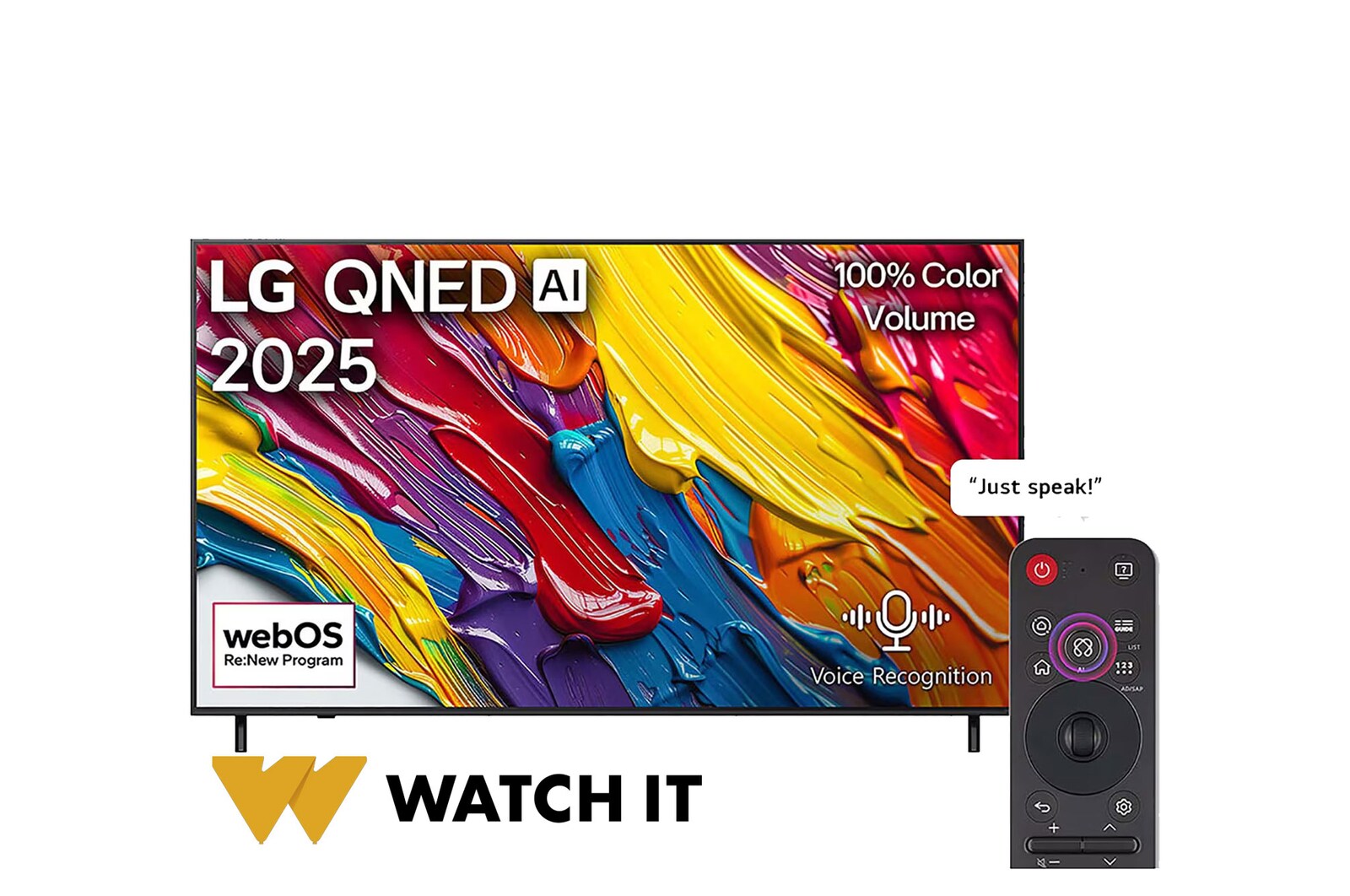 Front view of LG QNED82 TV, LG QNED Al Logo on the top corner. LG QNED TV depicts colorful paintike textures coming together.