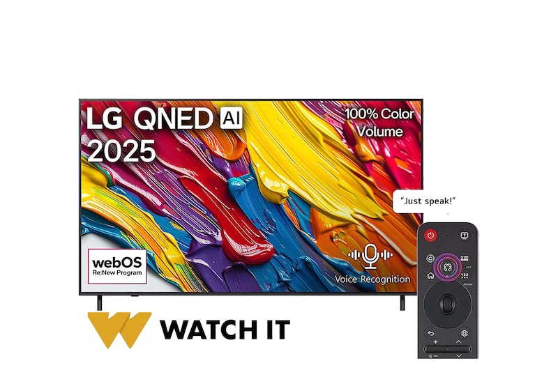 Front view of LG QNED82 TV, LG QNED Al Logo on the top corner. LG QNED TV depicts colorful paintike textures coming together.