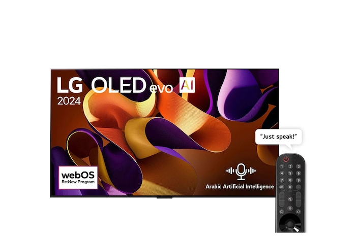 Front view with LG OLED evo TV, OLED G4, 11 Years of world number 1 OLED Emblem, and 5-Year Panel Warranty logo on screen