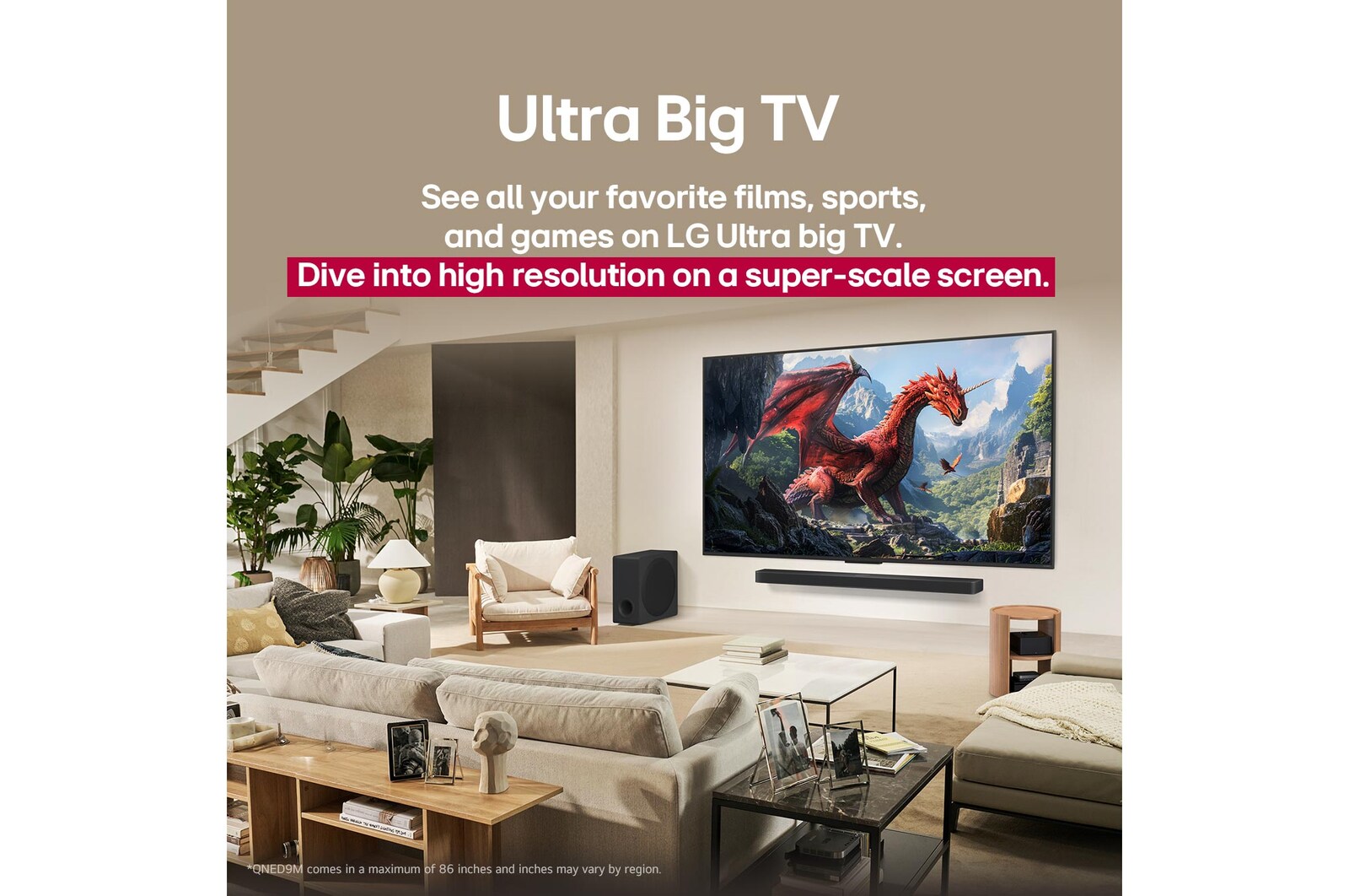A family sits on a couch facing a LG QNED TV mounted on a wall above a LG Soundbar with a little girl pointing to a screen depicting two dolphins. The title talks about how every action is more thrilling on a massive screen.