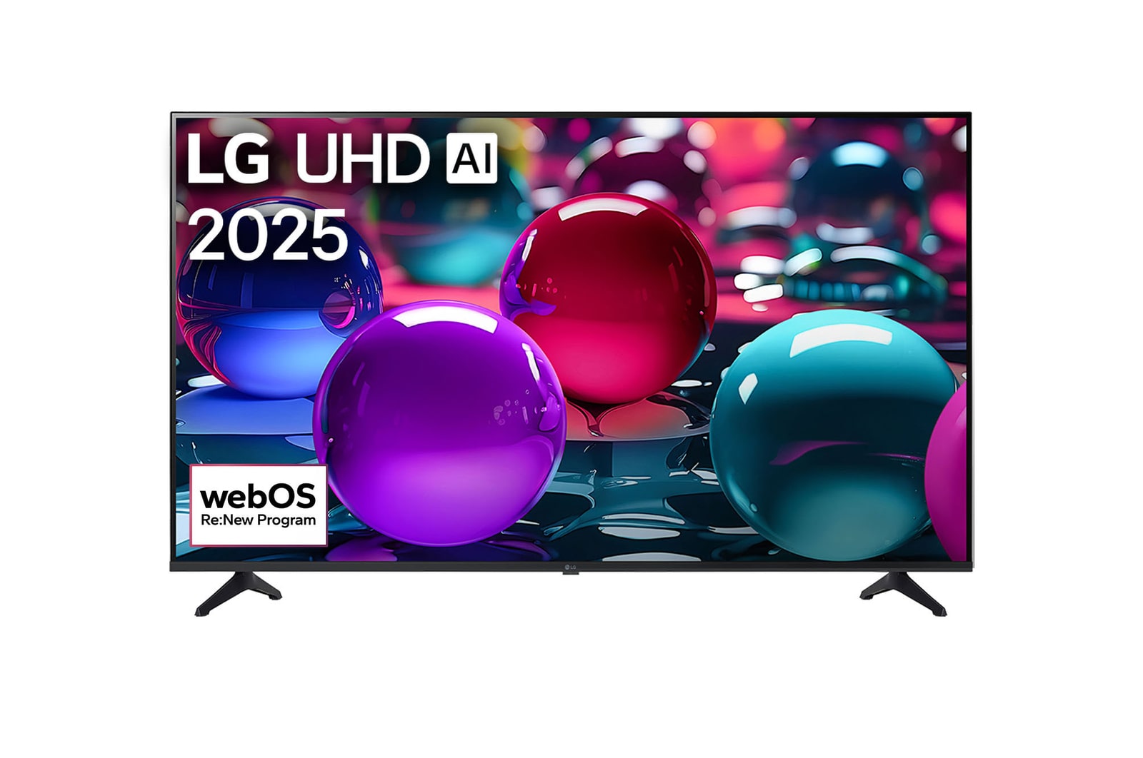 Front view of UHD UA73 TV, LG UHD Al Logo on the top corner. LG UHD TV depicts colorful paintike textures coming together.