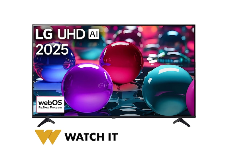 Front view of UHD UA73 TV, LG UHD Al Logo on the top corner. LG UHD TV depicts colorful paintike textures coming together.
