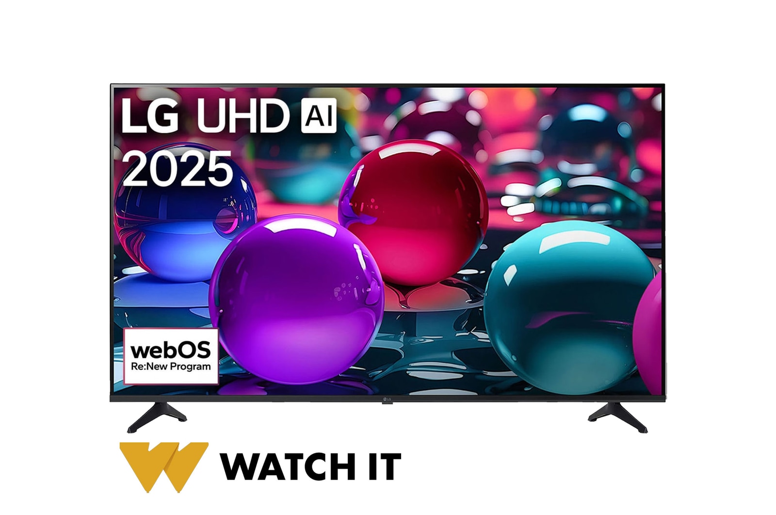 Front view of UHD UA73 TV, LG UHD Al Logo on the top corner. LG UHD TV depicts colorful paintike textures coming together.