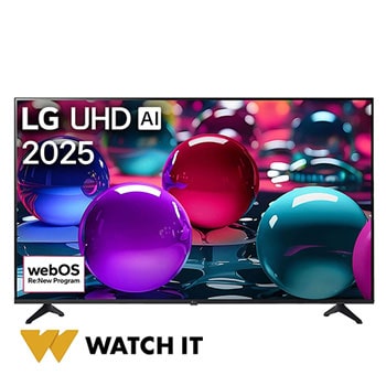 Front view of UHD UA73 TV, LG UHD Al Logo on the top corner. LG UHD TV depicts colorful paintike textures coming together.