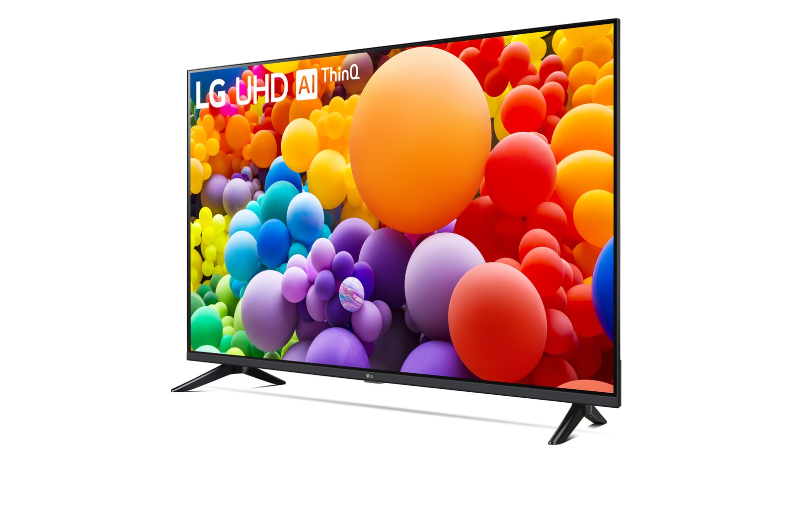 Slightly-angled left-facing side view of LG UHD TV, UT
