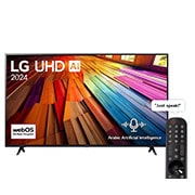 Front view of LG UHD TV, UT80 with text of LG UHD AI ThinQ, 2024, and webOS Re:New Program logo on screen