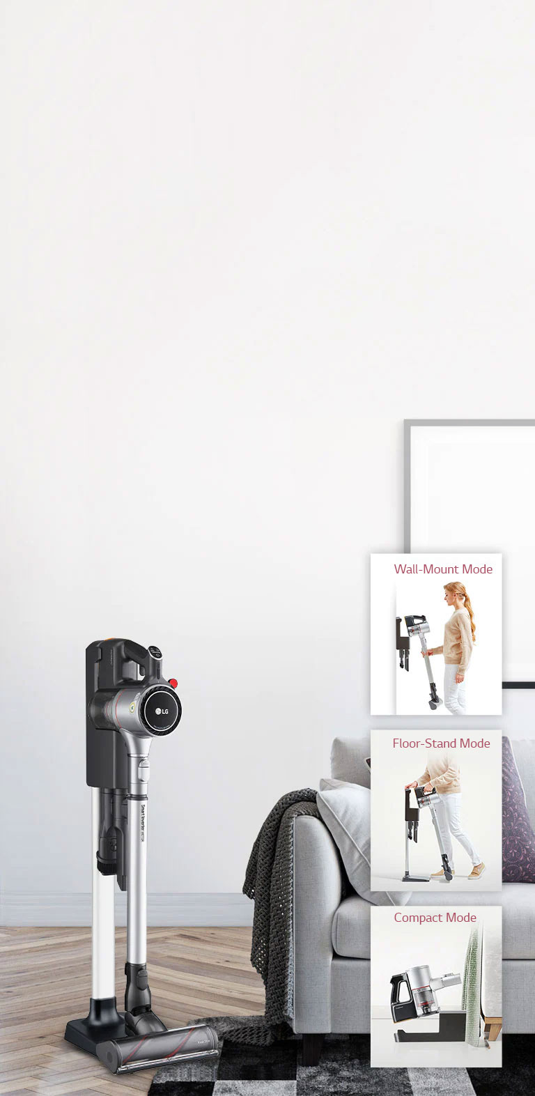 Three images show the vacuum cleaner in the charging stand in various locations: the first has the charging stand next to a couch, the second it is next to a desk, and the third it is next to a bed.