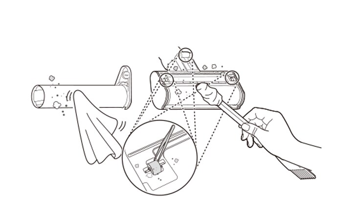 Use a damp towel or cloth to remove any remaining foreign objects and dust from the brush and the bottom of the nozzle Remove foreign objects debris and hair from all Rollers of the nozzles using tweezers Wrap the handle of the cleaning brush with a wet towel or cloth and use it to clean the rotating brush and nozzle