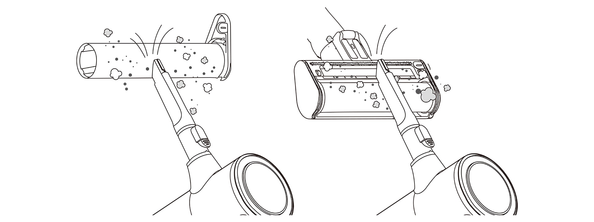 Illustration showing a vacuum cleaner cleaning dust from a tube and a rectangular surface attachment.