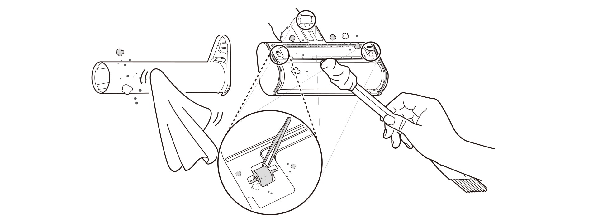 Diagram showing the cleaning process of a vacuum cleaner brush roller using a cloth and a detailed inset of the tool area.