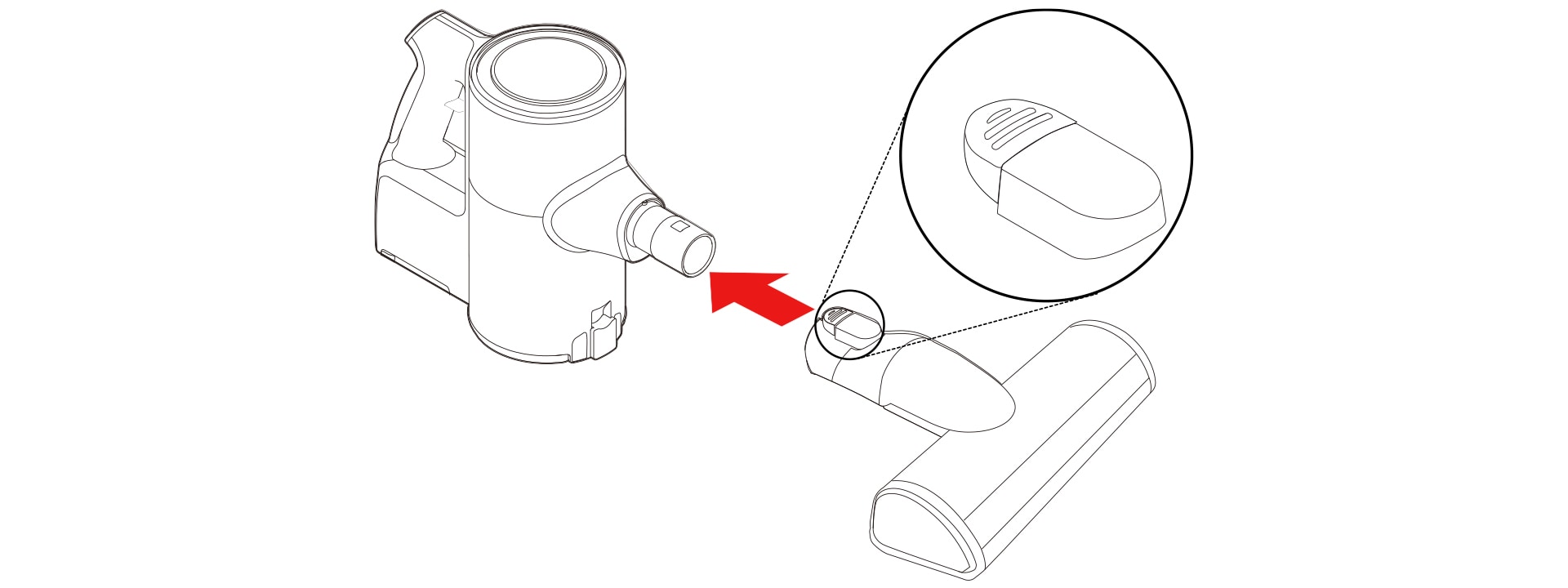 Diagram showing the assembly of an LG vacuum cleaner head attachment with a close-up of the attachment mechanism.