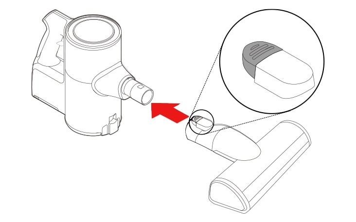 Diagram showing the assembly of an LG vacuum cleaner head attachment with a close-up of the attachment mechanism.