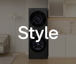 Style text over a dimmed image of LG washtower built in the living room