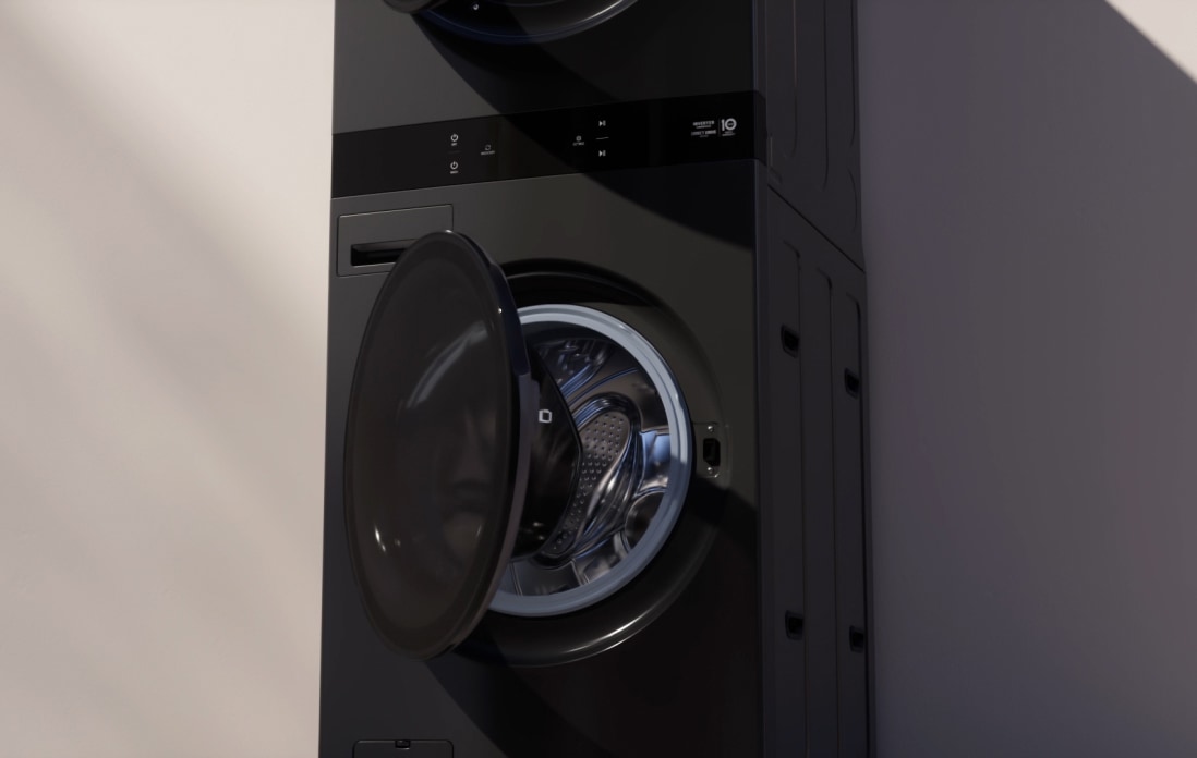 A video showing close-up details of washtower, such as inside the drum, detergent container, and lint filter