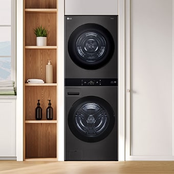 LG washtower in a compact, stylish apartment laundry space