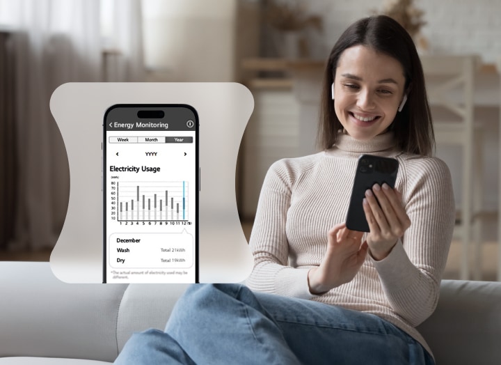 A woman monitoring her energy usage through a thinq app
