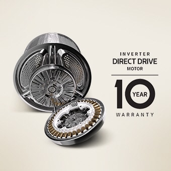 There is a washing machine motor and an INVERTER DIRECT DRIVE MOTOR 10 YEAR WARRANTY logo.