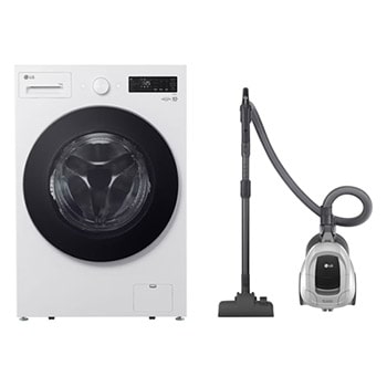 Front view of Front Load Washer 15 kg Steam – LG WFN1510WHT + LG Bagless Vacuum Cleaner 1800W, Dust Bin Capacity 1.3 liter,Silver color WFN1510WHT.VC5417N