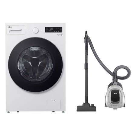Front Load Washer 15 kg Steam – LG WFN1510WHT + LG Bagless Vacuum Cleaner 1800W, Dust Bin Capacity 1.3 liter,Silver color