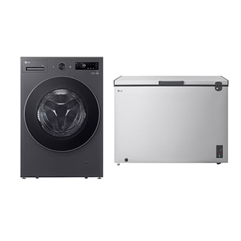 Front view of 20 kg Washer, Front Load washing Machine, 6 Motion DD, AI DD, Steam, TurboWash360, Essense Graphite color 1.8 Cu.Ft Top Freezer Refrigerator, Prime Silver color WFN2010BST.LC7G001