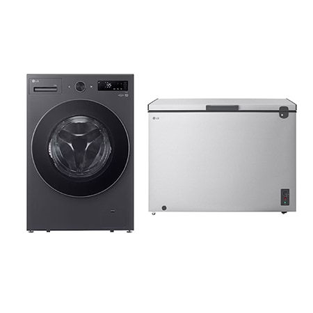 20 kg Washer, Front Load washing Machine, 6 Motion DD, AI DD, Steam, TurboWash360, Essense Graphite color 1.8 Cu.Ft Top Freezer Refrigerator, Prime Silver color