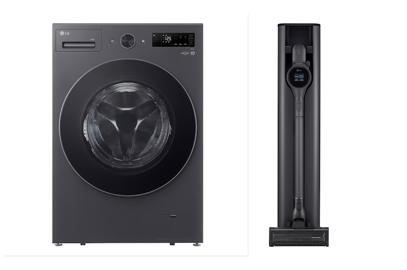 Front view of 20 kg Washer, Front Load washing Machine, 6 Motion DD, AI DD, Steam, TurboWash360, Essense Graphite color + LG CordZero™ A9Kompressor, Auto Emptying charging station, Handstick Vaccum Cleaner WFN2010BST.A9XULTR