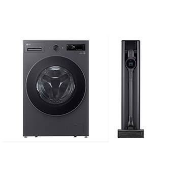 Front view of 20 kg Washer, Front Load washing Machine, 6 Motion DD, AI DD, Steam, TurboWash360, Essense Graphite color + LG CordZero™ A9Kompressor, Auto Emptying charging station, Handstick Vaccum Cleaner WFN2010BST.A9XULTR