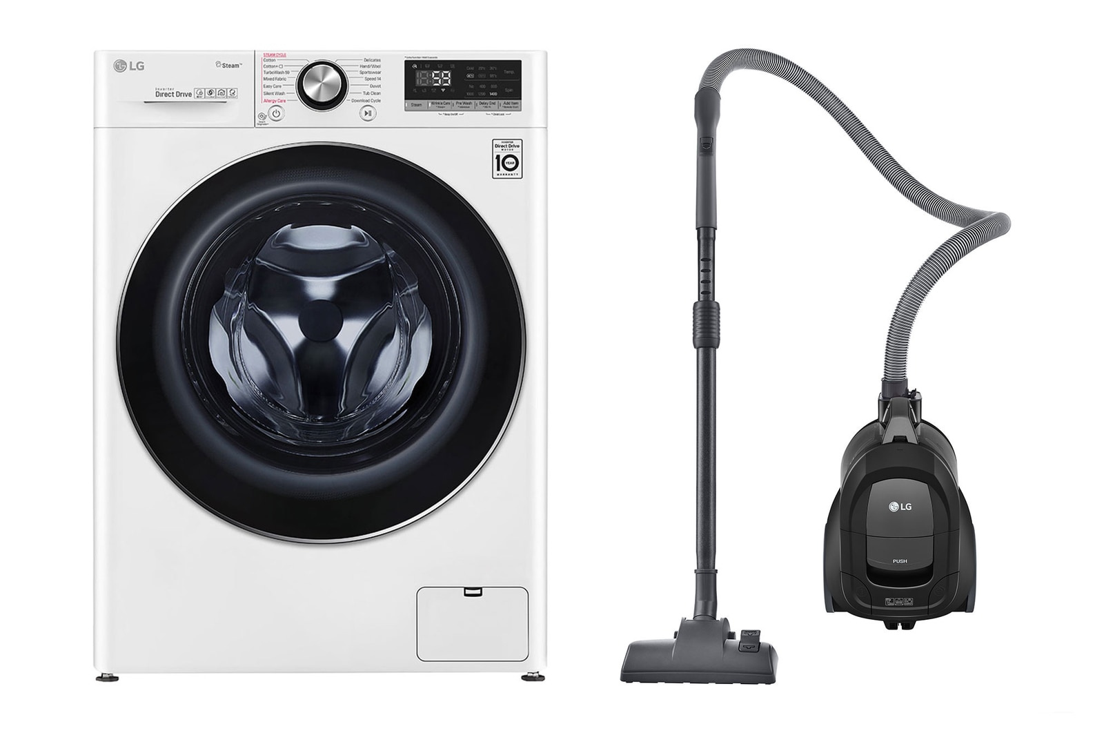 Front view of 10.5 kg Front Load washing Machine with AI DD™ ,White color + LG Bagless Vacuum Cleaner 1800W, Dust Bin Capacity 1.3 liter,Silver color WFV1114WHT.VC541