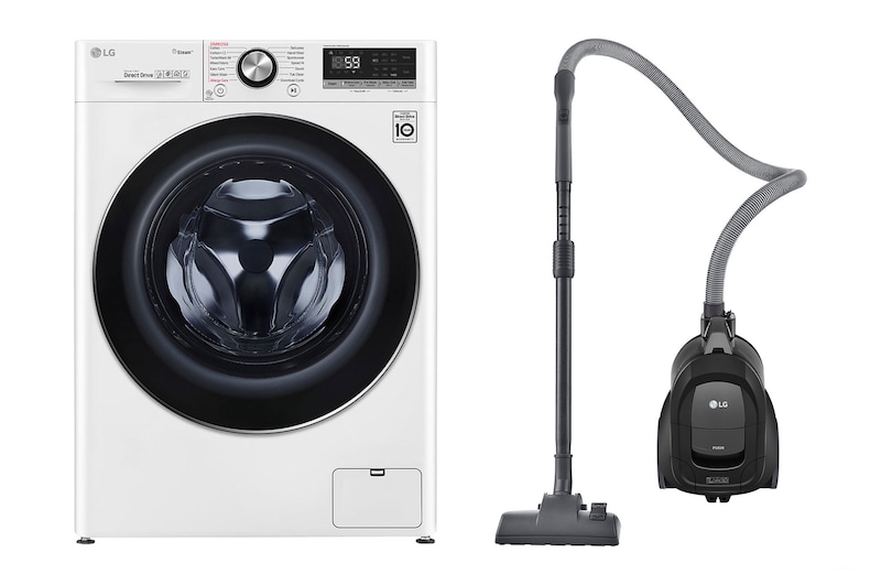 Front view of 10.5 kg Front Load washing Machine with AI DD™ ,White color + LG Bagless Vacuum Cleaner 1800W, Dust Bin Capacity 1.3 liter,Silver color WFV1114WHT.VC541
