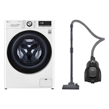 Front view of 10.5 kg Front Load washing Machine with AI DD™ ,White color + LG Bagless Vacuum Cleaner 1800W, Dust Bin Capacity 1.3 liter,Silver color WFV1114WHT.VC541