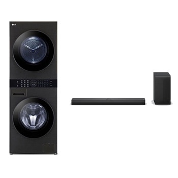 Front view of 13/10kg LG WashTower™ with Centre Control™, Black Steel color, Arabic Control panel Only + LG Soundbar for TV with Dolby Atmos 3.1.1 channel S70TY WK1310BST.S70T001