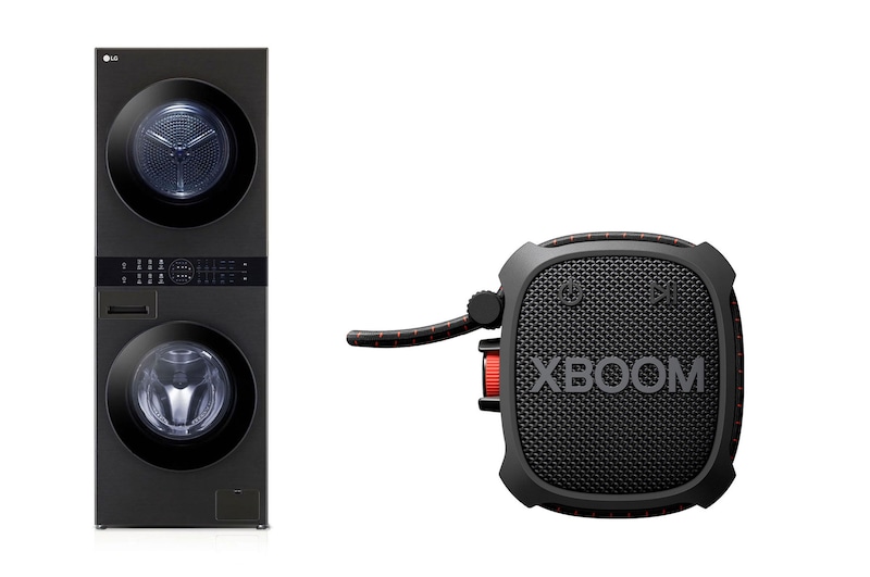 Front view of 13/10kg LG WashTower™ with Centre Control™, Black Steel color + Portable Bluetooth speaker LG XBOOM Go XG2TBK Military Grade & 10-Hour Battery WK1310BST.XG2