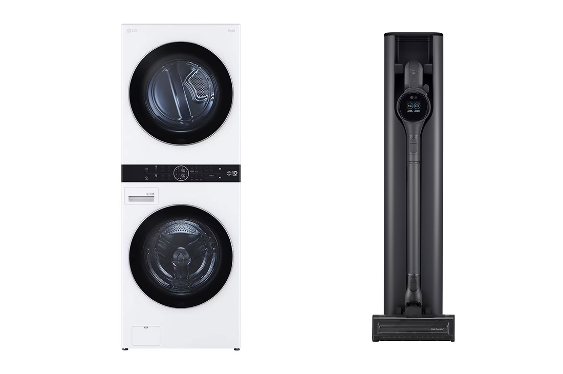 Washer and Dryer Single Unit | 21KG | Front Load with Centre Control™ | AI DD | TurboWash ™ 360 | Steam+™ | Arabic Control panel Only + LG CordZero™ A9Kompressor, Auto Emptying charging station, Handstick Vaccum Cleaner 