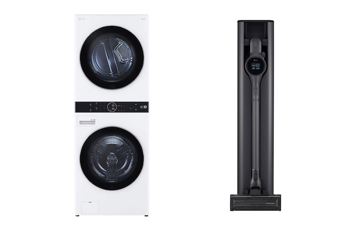 Washer and Dryer Single Unit | 21KG | Front Load with Centre Control™ | AI DD | TurboWash ™ 360 | Steam+™ | Arabic Control panel Only + LG CordZero™ A9Kompressor, Auto Emptying charging station, Handstick Vaccum Cleaner 