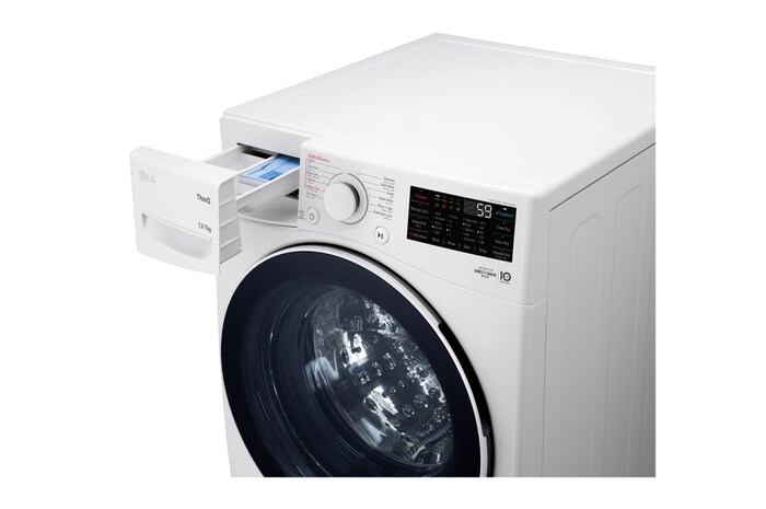 Top perspective view of controls and door With detergent drawer open