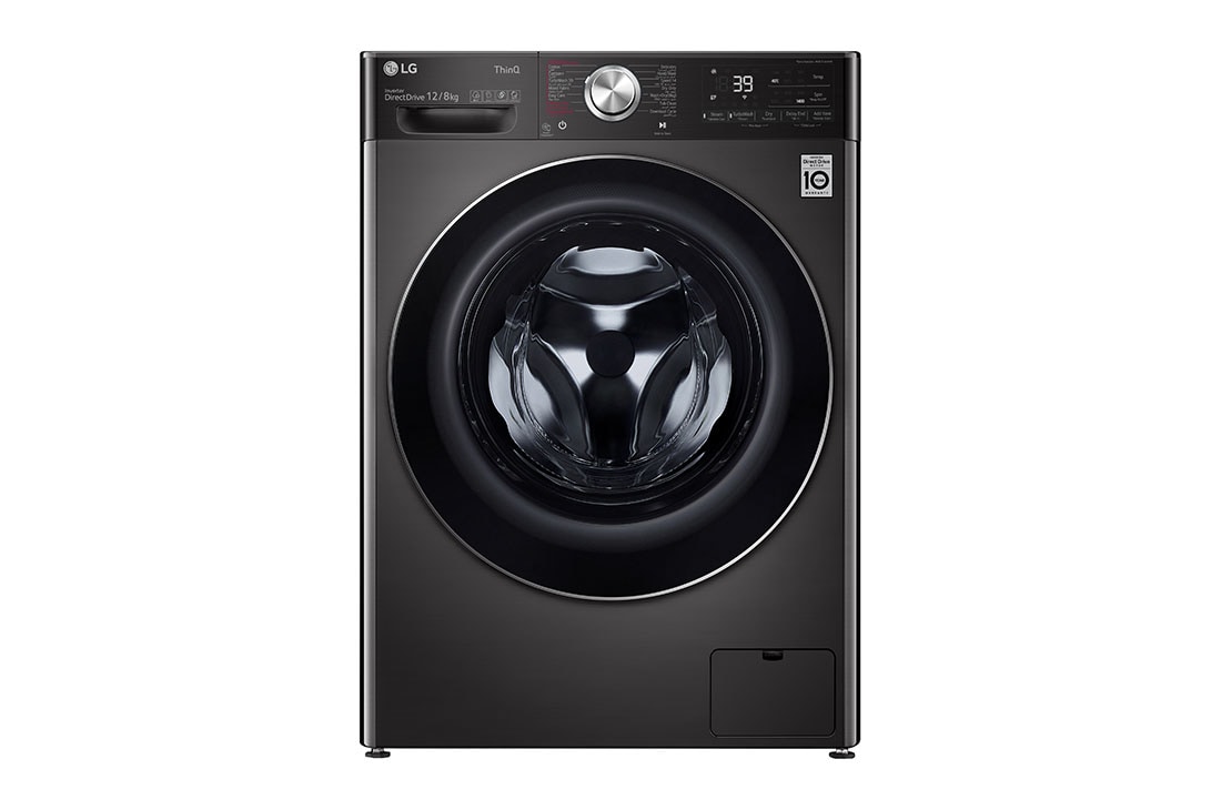 LG 12 kg Washer with 8 Kg Dryer,  Front Load washing Machine with AI DD™ (Intelligent Care with 18% More Fabric Protection) ,Black Steel color,  New Metal panel,Steam+ (Wrinkle & Allergy Care), Turbo Wash 360 (39 Min),ThinQ™ (Wi-Fi),, WSV1208BST