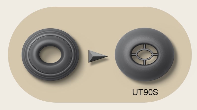 There are two ear tips shown. On the left is the previous one, on the right is shown T90S's ear tip to provide it better isolate the noise.