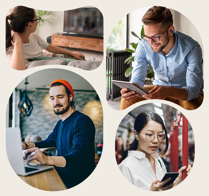 A collage of people using T90S earbuds in their daily lives. Left from top to bottom, a woman is watching a TV with T90S and a man is using his laptop with T90S. Right top to bottom, a man is wearing T90S while using his tablet PC, and the woman is watching a video from her smartphone on the subway.