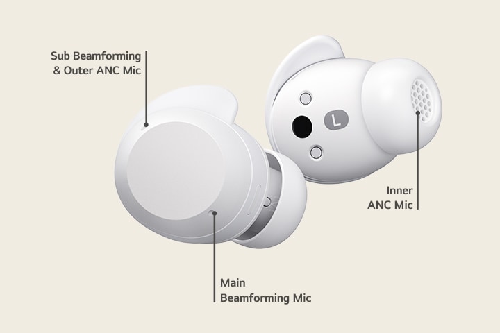 A pair of white xboom Buds for illustrating the 3 microphones it has.