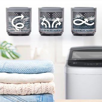 In the background, there is a washing machine, and in front, there is a clean laundry and a washing machine motion icon on it
