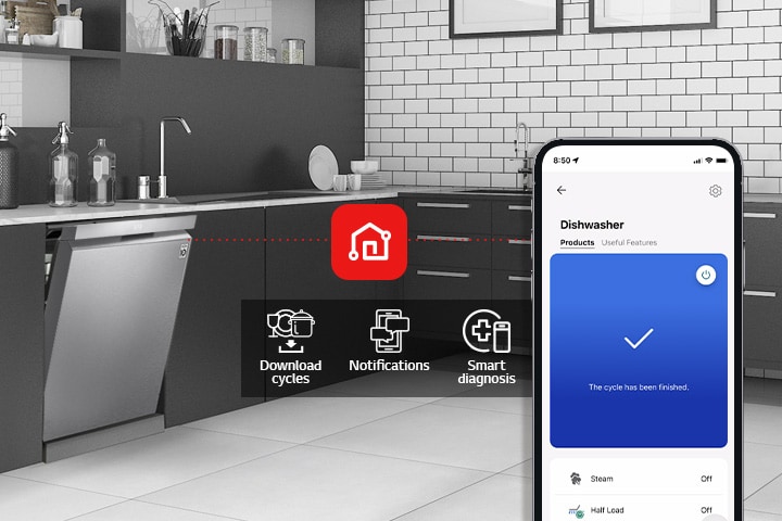 A smartphone displays LG ThinQ™ in a kitchen along with 3 app features: Download Cycles, Notifications, and Smart Diagnosis. 
