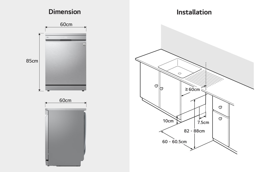 LG dishwasher with 60x60x85cm size and installation space guide