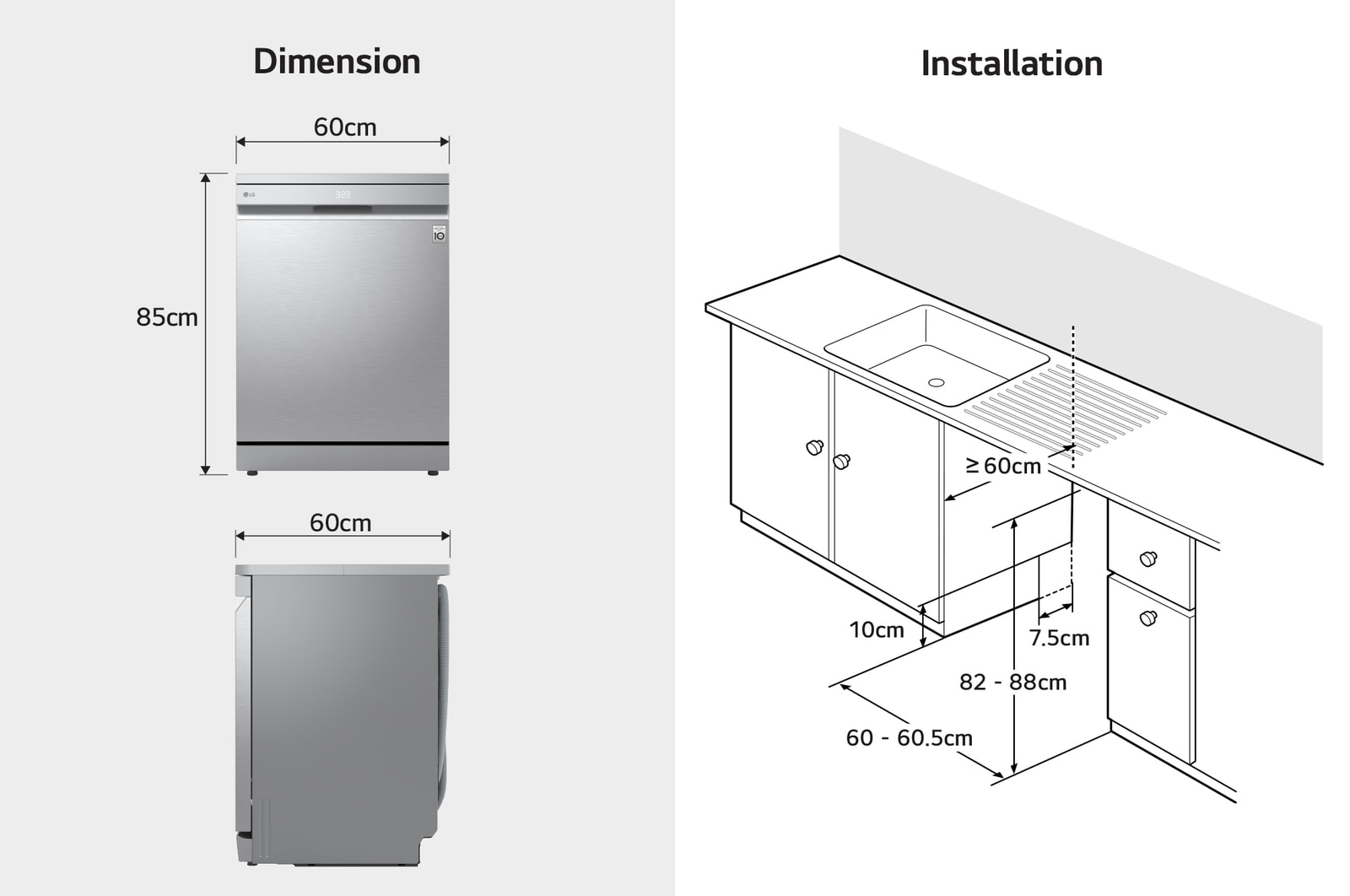 LG dishwasher with 60x60x85cm size and installation space guide