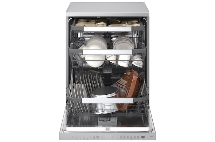 Front view of LG dishwasher loaded with dishes on three adjustable racks