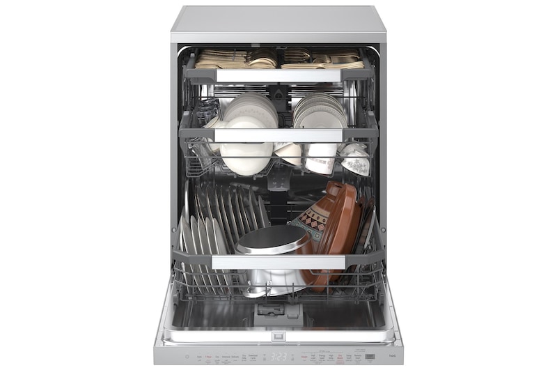 Front view of LG dishwasher loaded with dishes on three adjustable racks