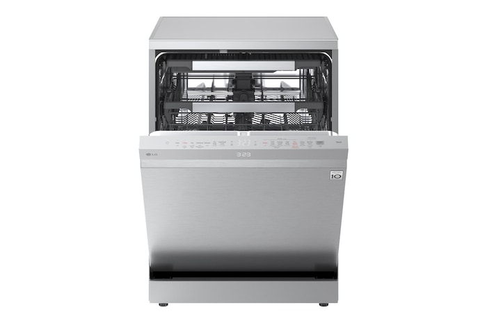 Front view of LG dishwasher with door open, showing interior racks and control panel