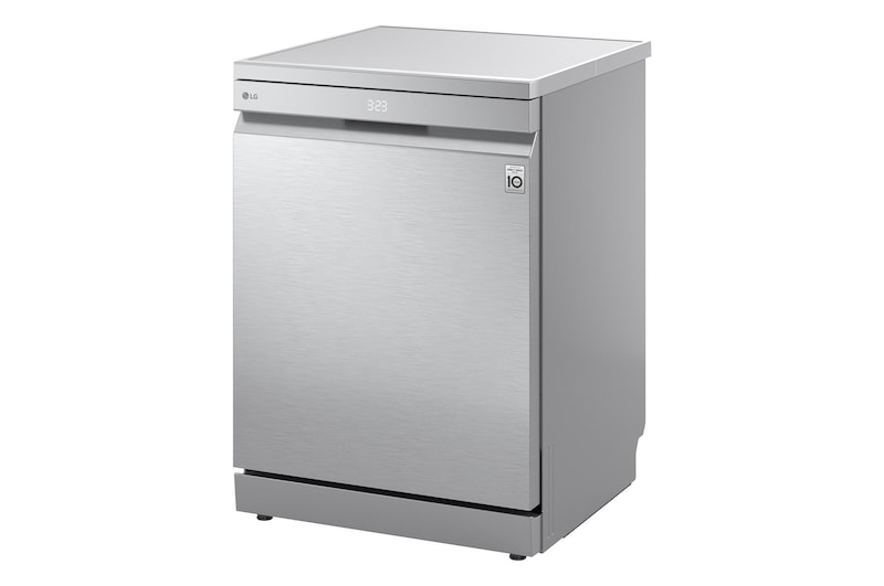 Angled front view of closed LG dishwasher with stainless steel finish