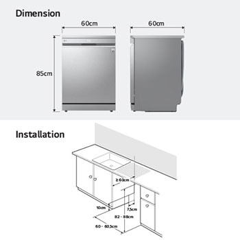 LG dishwasher with 60x60x85cm size and installation space guide