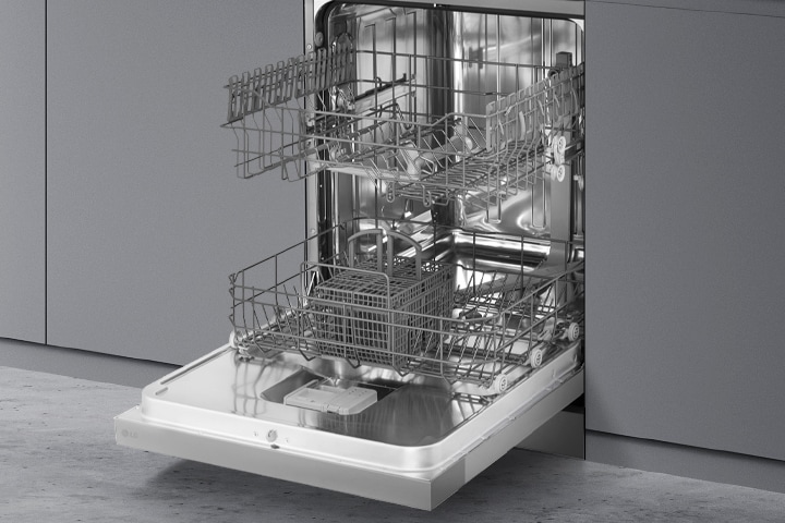 A dishwasher is installed in the kitchen, and the interior full stainless steel material is well visible.